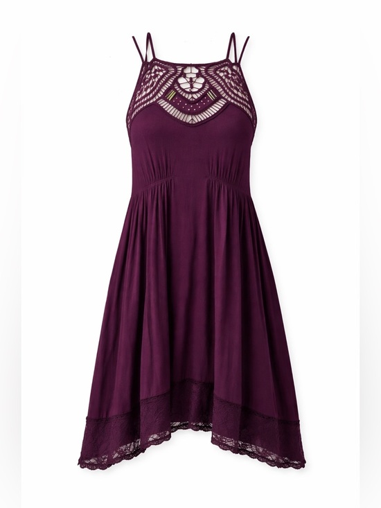 Free People Dresses & Skirts - Dangerous Low Back Free People Deep Plum Swing Dress W/ Crochet Neck & Lace Hem